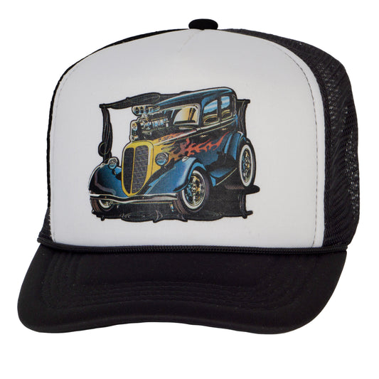 Men's Vintage Custom Hot Rod Hat Snapback Trucker Baseball Hat, Black/White