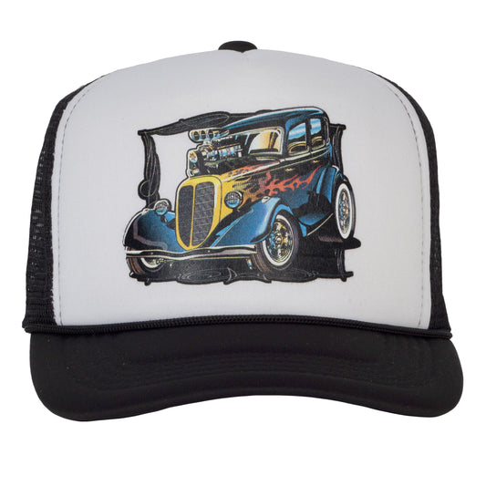 Men's Vintage Custom Hot Rod Hat Snapback Trucker Baseball Hat, Black/White