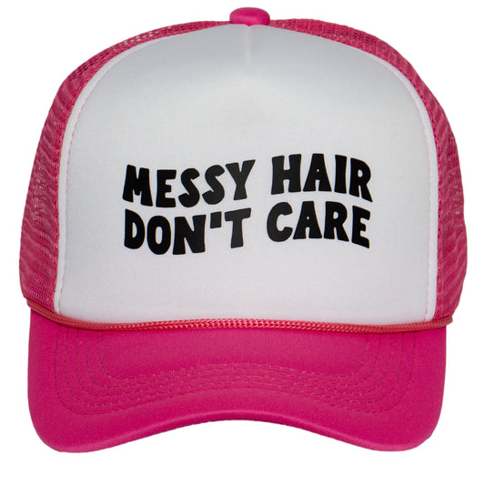 TOP HEADWEAR Women's Messy Hair Don't Care Trucker Hat - Mesh Snapback Cap, White/Pink