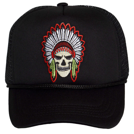 TOP HEADWEAR Men's Skull Chief Trucker Hat - Native Headdress Snapback Cap, Black