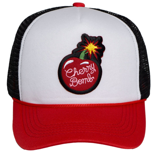 TOP HEADWEAR Mens Women's Cherry Bomb Trucker Hat - Mesh Snapback Cap, White/Red