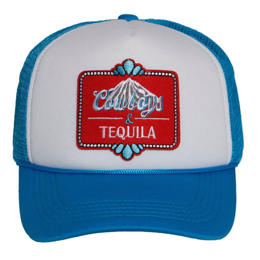 TOP HEADWEAR Women's Cowboys and Tequila Trucker Hat - Mesh Snapback Cap, White/Blue