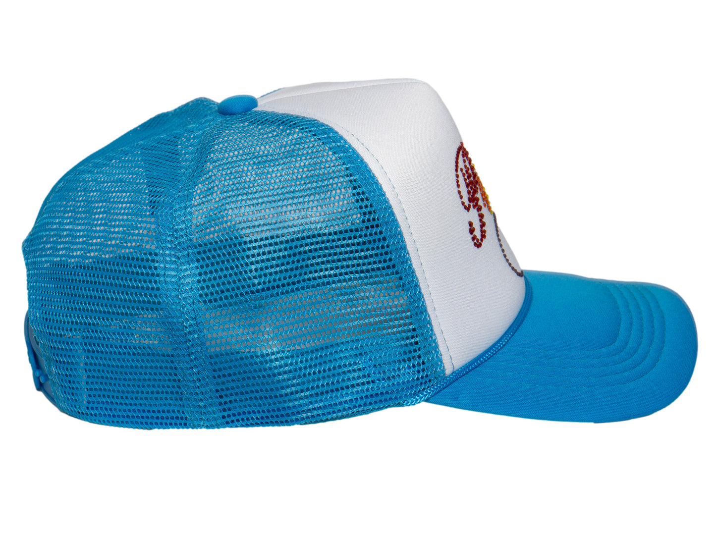 Pride Trucker Hat with Rainbow Rhinestone Script – Snapback Cap for LGBTQ+ Parade Festival Fashion White/Blue