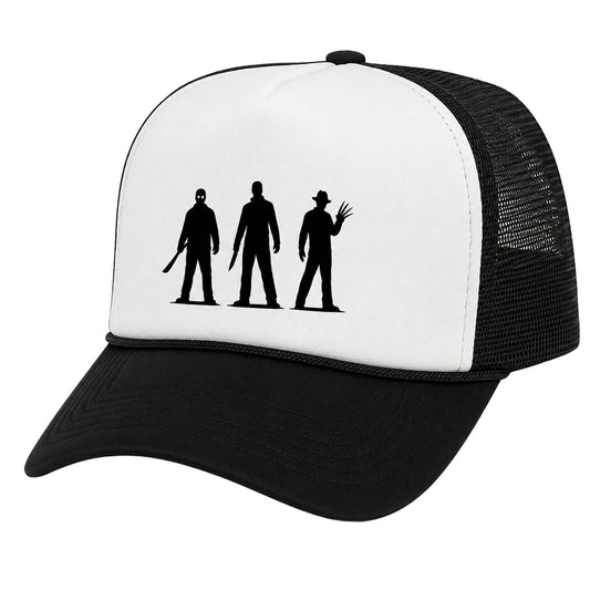 Horror Hat Silhouette Trucker Snapback Halloween Slasher Cap Black White