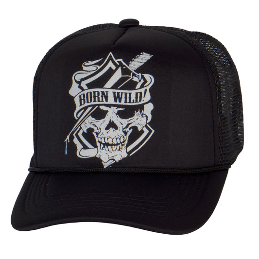 Men's Vintage Born Wild Skull Hat Snapback Trucker Baseball Hat, Black