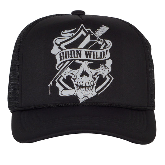 Men's Vintage Born Wild Skull Hat Snapback Trucker Baseball Hat, Black