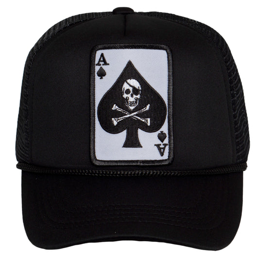 TOP HEADWEAR Men's Death Ace Trucker Hat - Ace of Spade Skull Bones Snapback Cap, Black