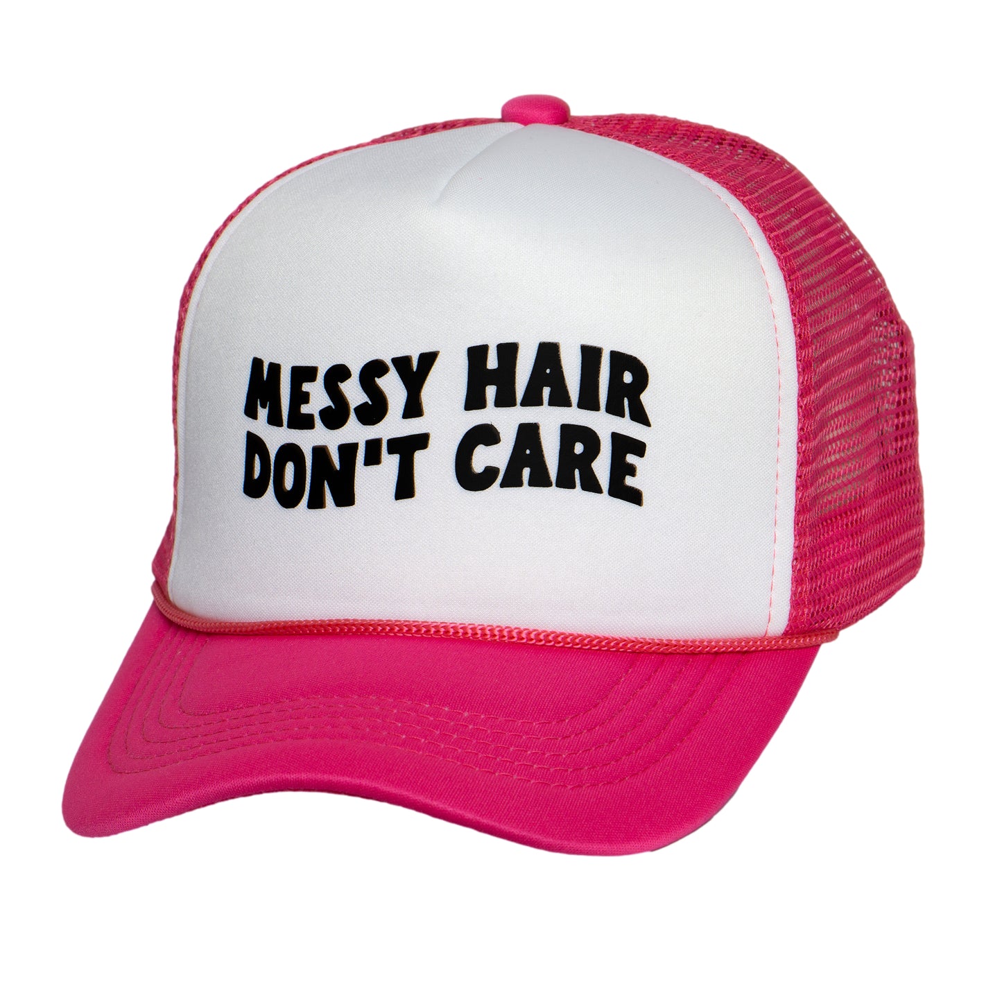 TOP HEADWEAR Women's Messy Hair Don't Care Trucker Hat - Mesh Snapback Cap, White/Pink