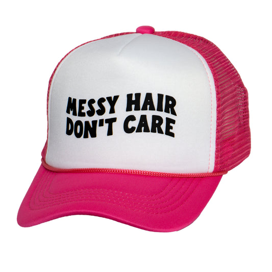TOP HEADWEAR Women's Messy Hair Don't Care Trucker Hat - Mesh Snapback Cap, White/Pink