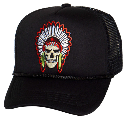 TOP HEADWEAR Men's Skull Chief Trucker Hat - Native Headdress Snapback Cap, Black