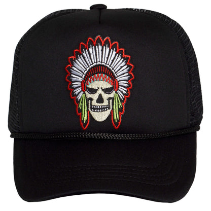 TOP HEADWEAR Men's Skull Chief Trucker Hat - Native Headdress Snapback Cap, Black