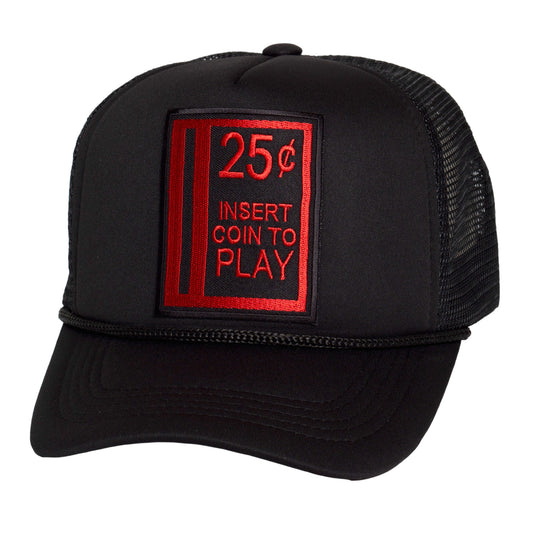 Retro Gamer Trucker Hat – 25¢ Insert Coin to Play Snapback Cap for Men & Women Gamer Vintage Arcade Black