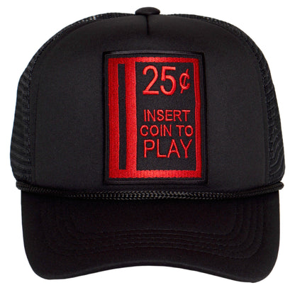 Retro Gamer Trucker Hat – 25¢ Insert Coin to Play Snapback Cap for Men & Women Gamer Vintage Arcade Black