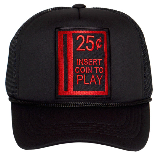 Retro Gamer Trucker Hat – 25¢ Insert Coin to Play Snapback Cap for Men & Women Gamer Vintage Arcade Black