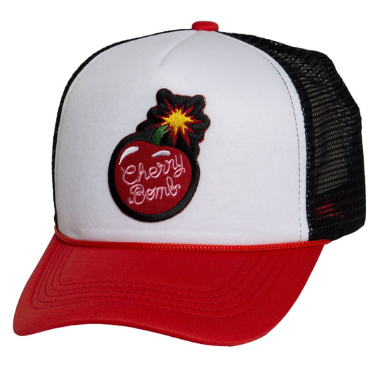TOP HEADWEAR Mens Women's Cherry Bomb Trucker Hat - Mesh Snapback Cap, White/Red