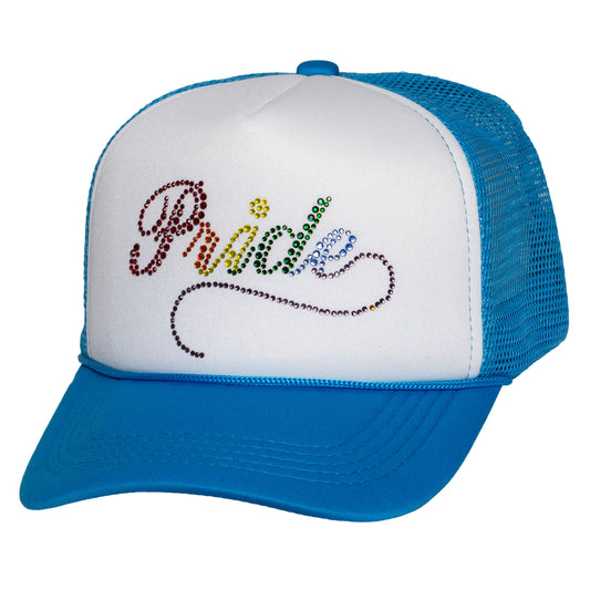 Pride Trucker Hat with Rainbow Rhinestone Script – Snapback Cap for LGBTQ+ Parade Festival Fashion White/Blue