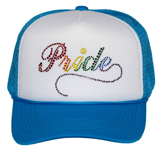 Pride Trucker Hat with Rainbow Rhinestone Script – Snapback Cap for LGBTQ+ Parade Festival Fashion White/Blue