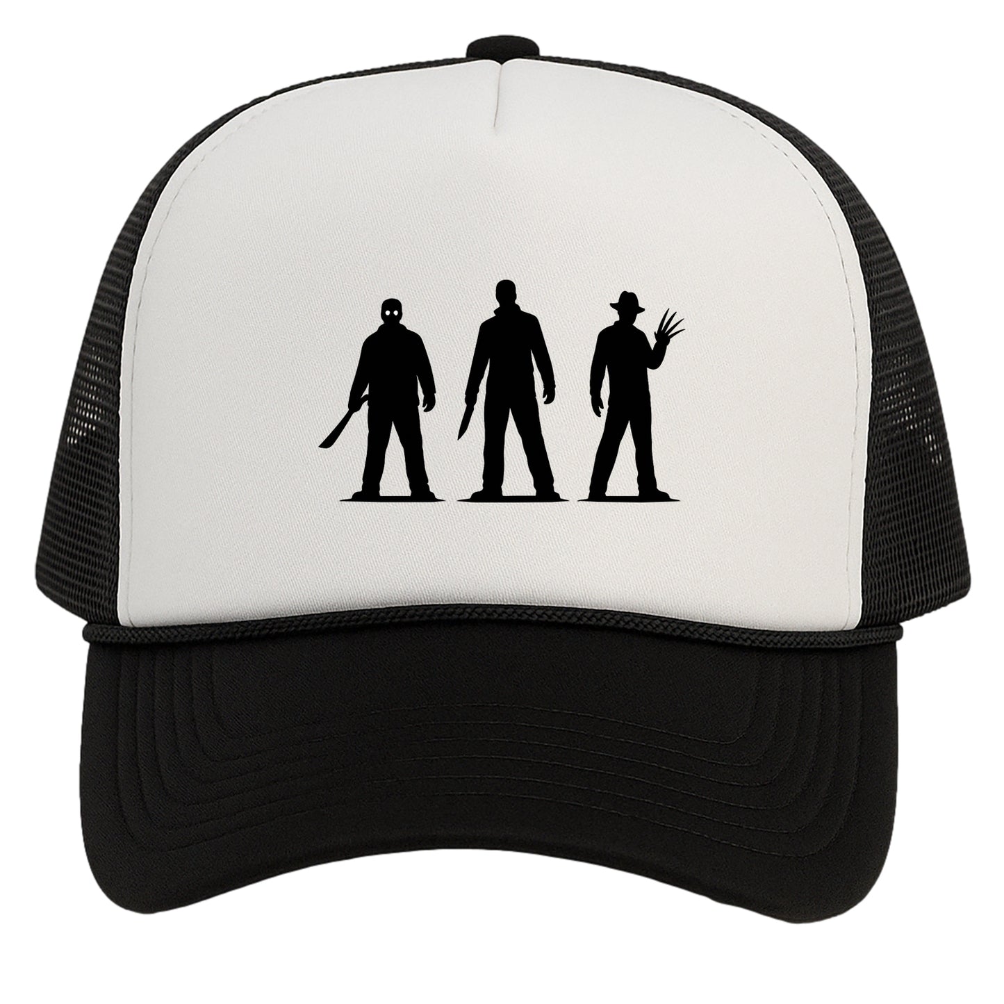 Horror Hat Silhouette Trucker Snapback Halloween Slasher Cap Black White