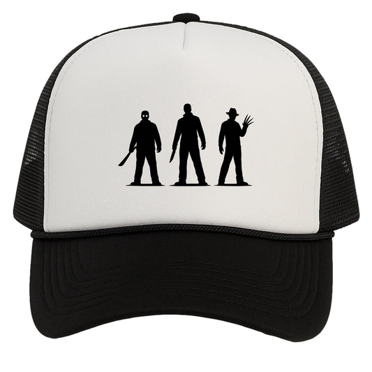 Horror Hat Silhouette Trucker Snapback Halloween Slasher Cap Black White