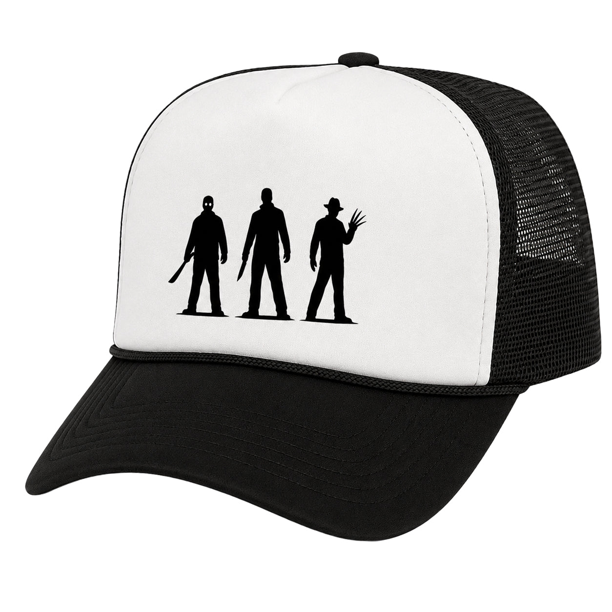 Horror Hat Silhouette Trucker Snapback Halloween Slasher Cap Black White
