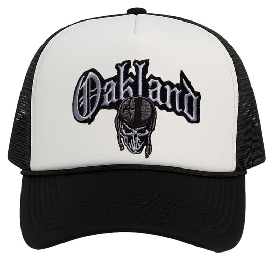 TOP HEADWEAR Old English Oakland Trucker Hat Skull Helmet Cap Black/White
