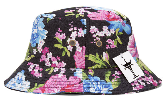 TopHeadwear Print Bucket Hats - Floral - Black/Pink/Blue