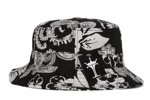TopHeadwear Print Bucket Hats - Damask Black/White Flower - Large/X-Large