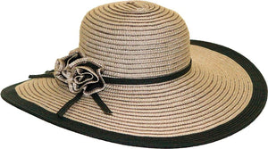 Topheadwear Striped Toyo Braid Wide Brim Sun Hat w/ Flower Band - Black
