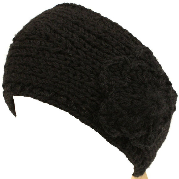 Adjustable Hand Knit Headwrap Headband Chunky Flower Wide Solid Black