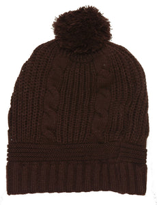 Winter Knitted Beanie w/ Pom - Brown