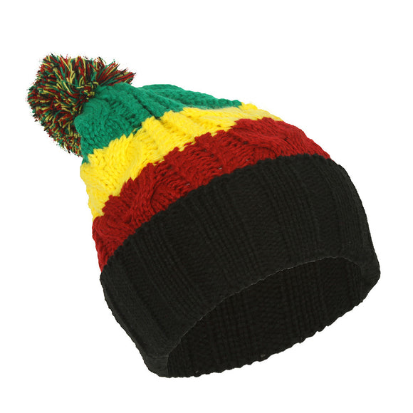 TopHeadwear Rasta Color Block Crochet Knit Pom Cuff Beanie